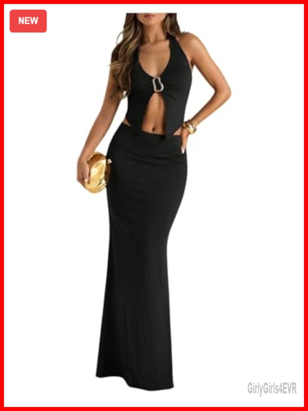 Two Piece Maxi Skirt Set Halter Neck Open Back Split Front Vacation Outfit